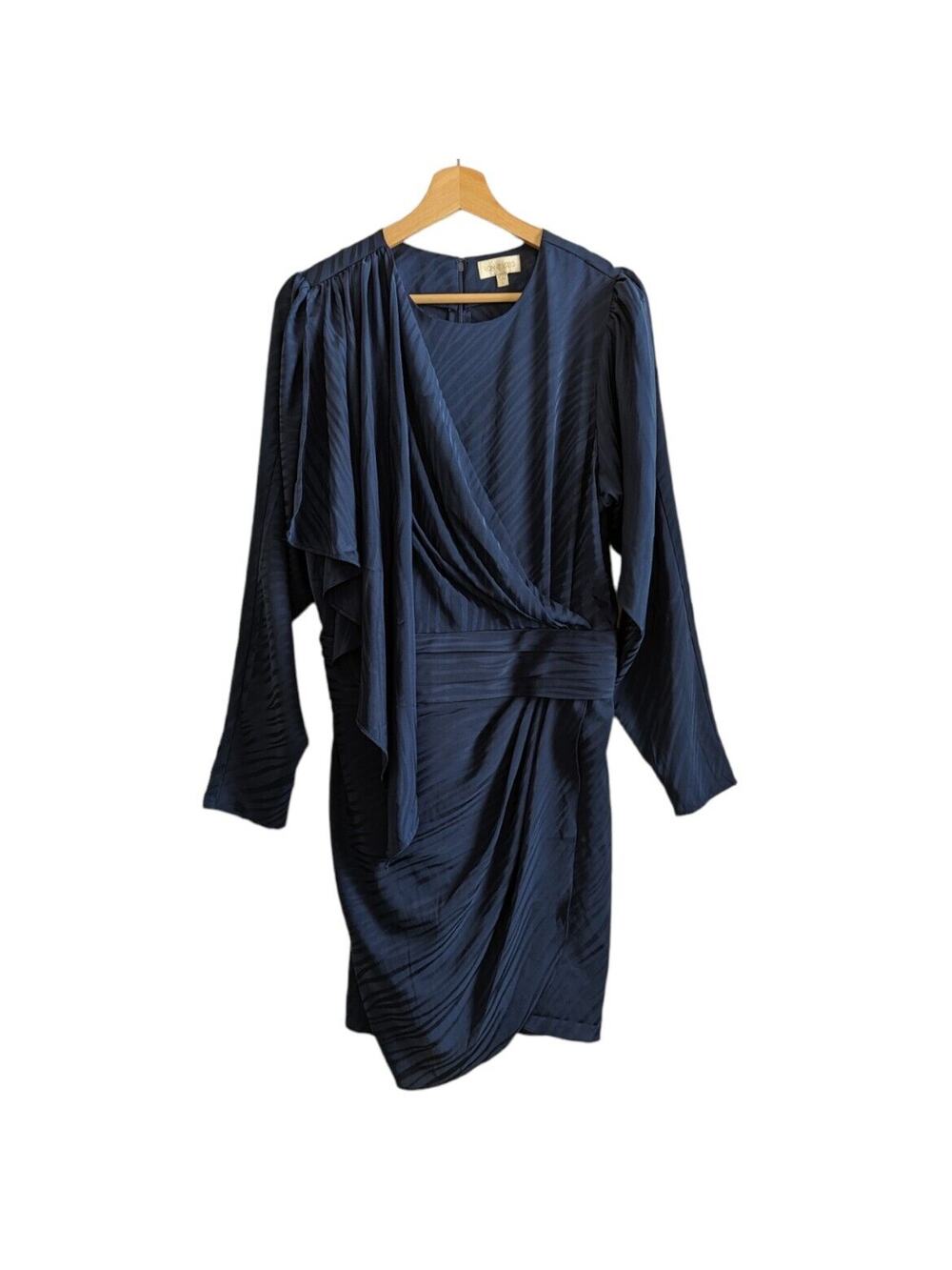 Ronny Kobo Shanaya Draped Moire Mini Dress Navy Blue Zebra Cocktail Size L
